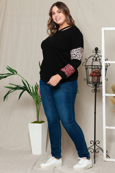 swvws Plus Size Leopard Dropped Shoulder Long Sleeve T-Shirt