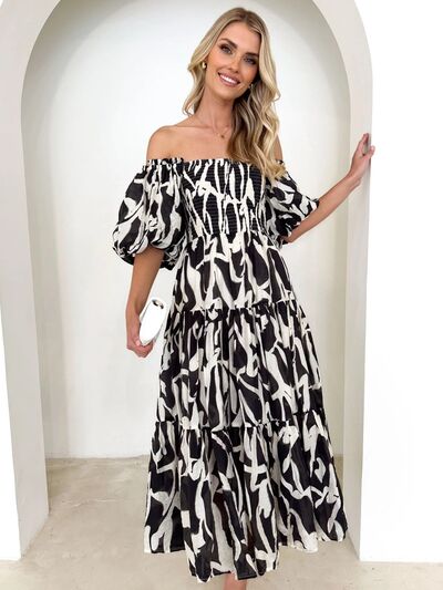 swvws Printed Smocked Off-Shoulder Tiered Dress