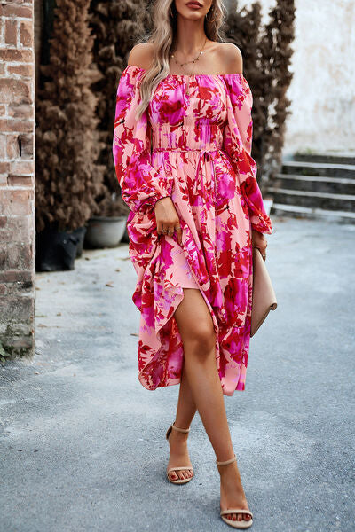 swvws Printed Balloon Sleeve Pocketed Midi Dress