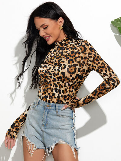 swvws Leopard Mock Neck Long Sleeve T-Shirt