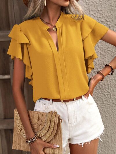 swvws Ruffled Notched Short Sleeve Blouse