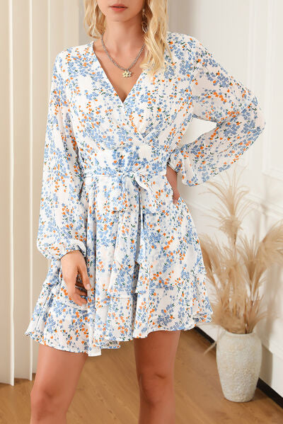 swvws Printed Surplice Balloon Sleeve Mini Dress