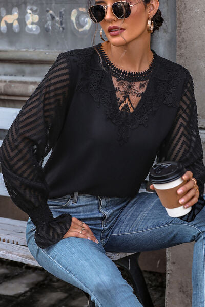 swvws Lace Detail Smocked Flounce Sleeve Blouse