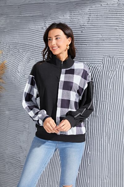 swvws Plaid Exposed Seam Long Sleeve Blouse