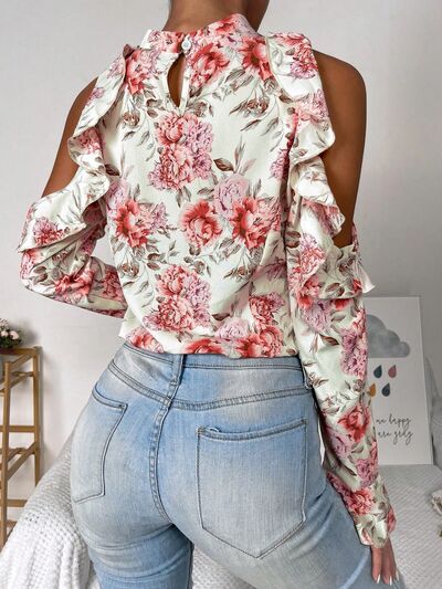 swvws Floral Cold Shoulder Ruffle Trim Blouse