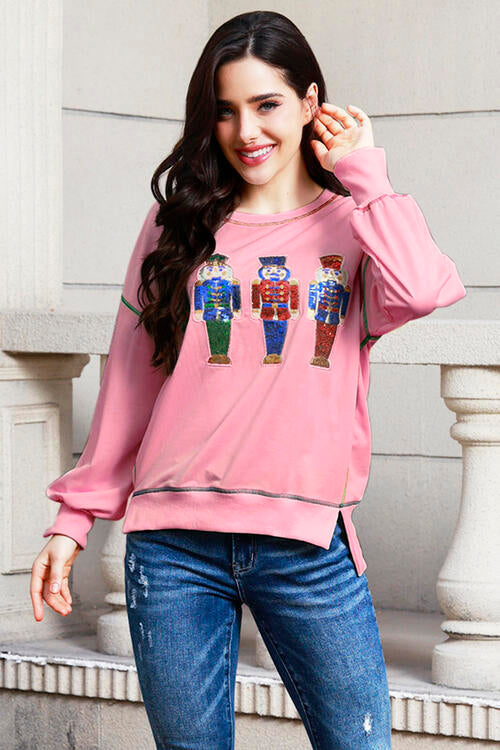 swvws Sequin Nutcracker Round Neck Slit Sweatshirt