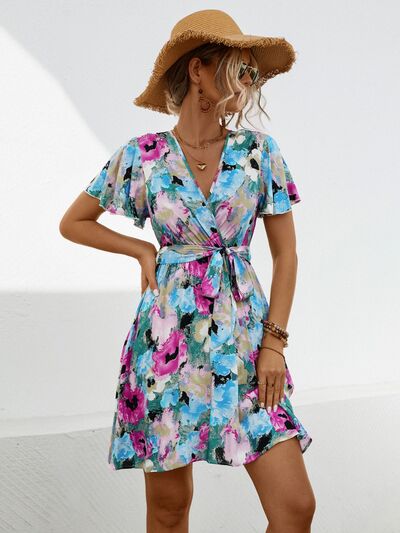 swvws Printed Surplice Tie Waist Mini Dress