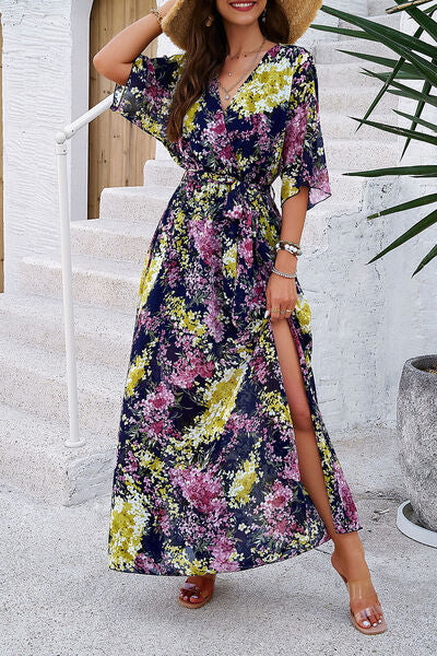 swvws Printed Tied Half Sleeve Slit Dress