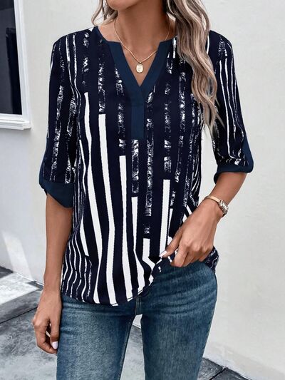 swvws Striped Notched Half Sleeve Blouse