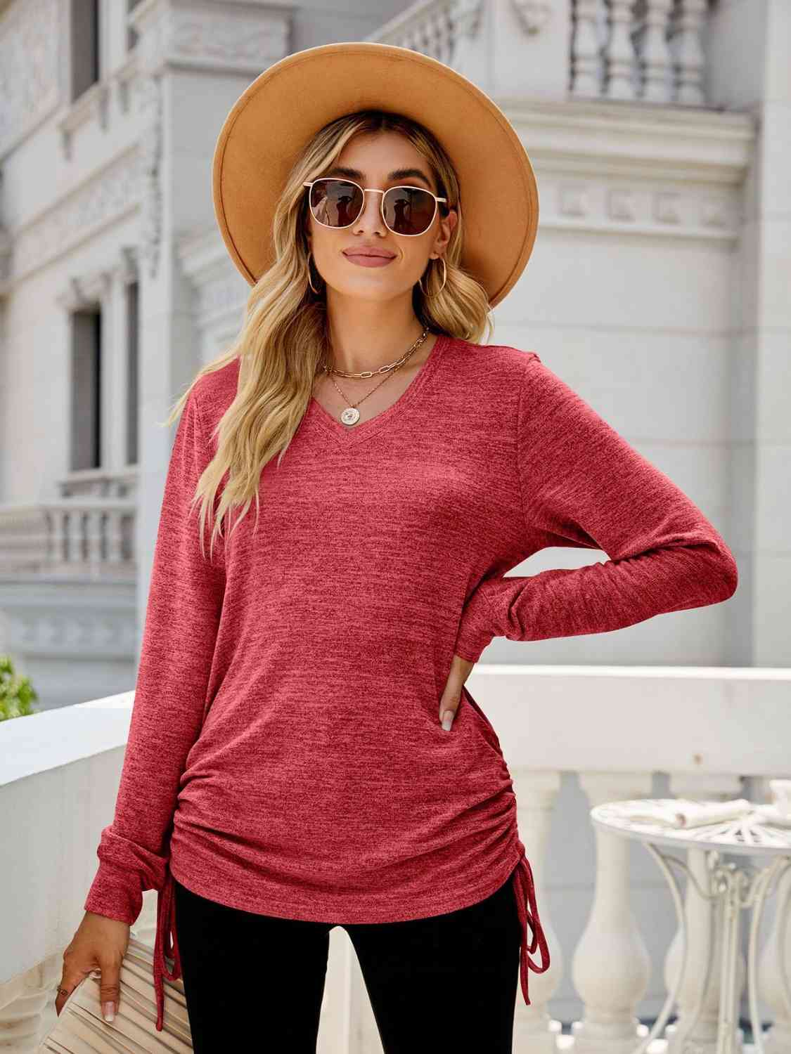 swvws Drawstring V-Neck Long Sleeve T-Shirt