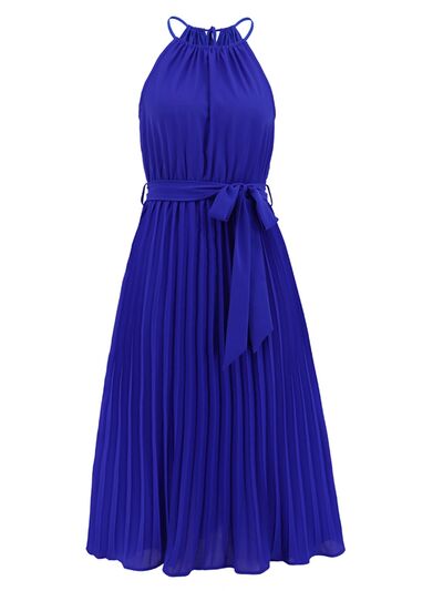 swvws Pleated Spaghetti Strap Tie Waist Midi Dress