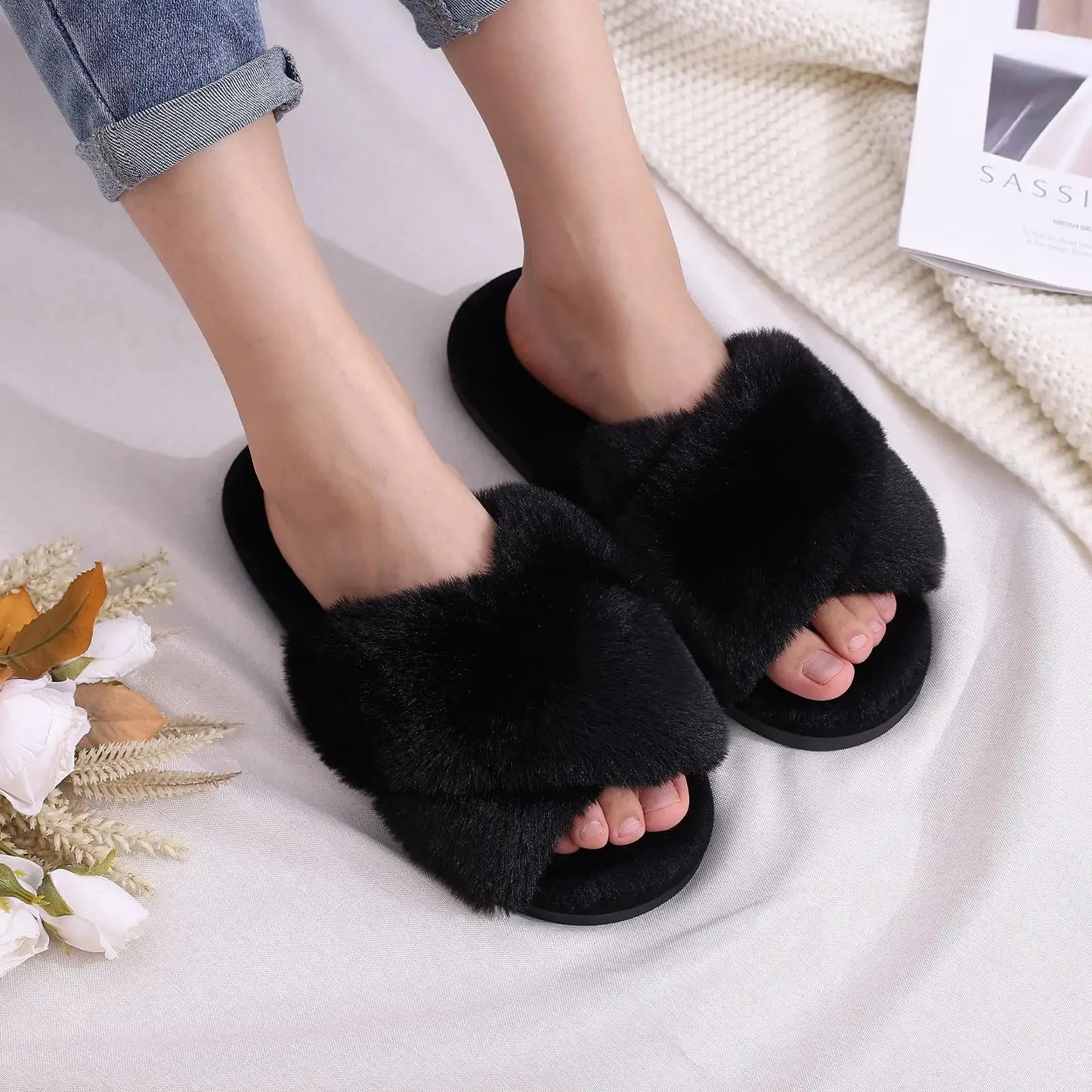 Eyriphy Womens Cross Band Fuzzy Slippers Women Fluffy Fur Slippers Memory Foam Plush Home Shoes Bedroom Slides Women Cozy Soft 240830