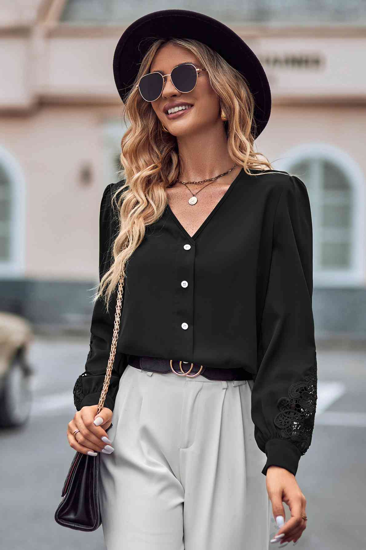 swvws Spliced Lace V-Neck Puff Sleeve Shirt