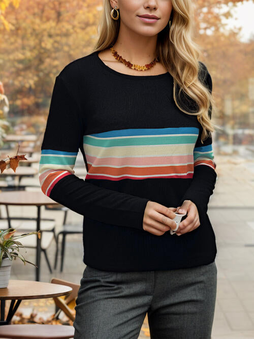 swvws Striped Round Neck Long Sleeve T-Shirt