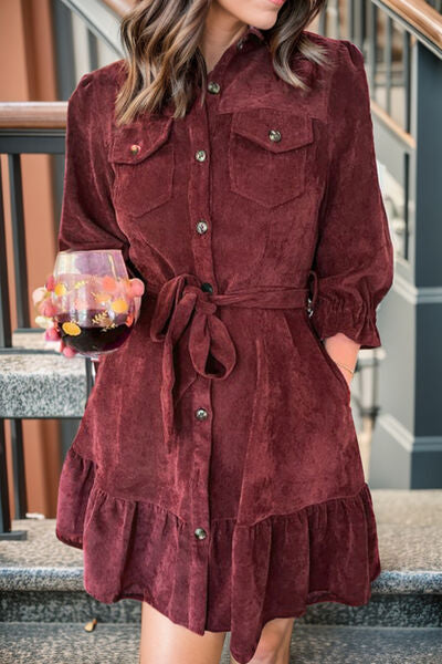 swvws Tied Button Up Ruffle Hem Dress