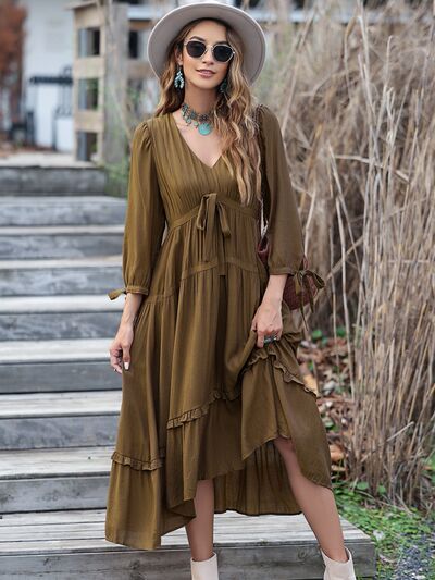 swvws Ruched Frill Long Sleeve Tiered Dress