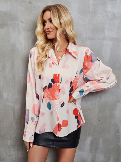 swvws Printed Button Up Lantern Sleeve Shirt