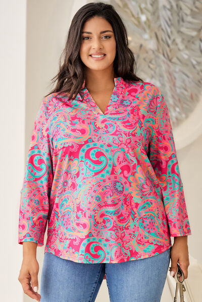 swvws Plus Size Printed Notched Long Sleeve Blouse