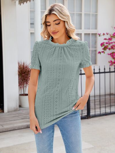 swvws Eyelet Frill Mock Neck Flounce Sleeve Blouse