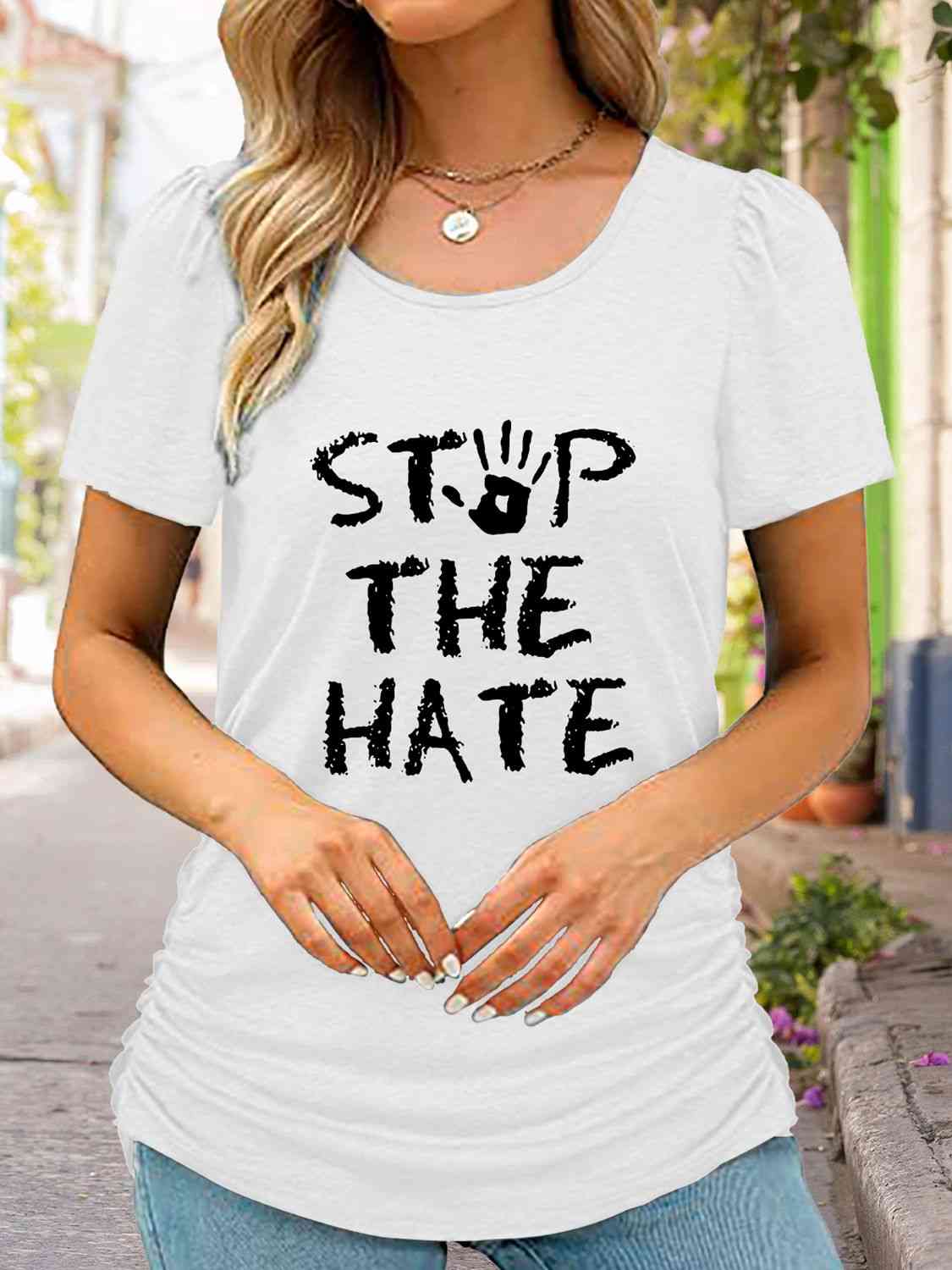 swvws Round Neck Short Sleeve STOP THE HATE Graphic T-Shirt