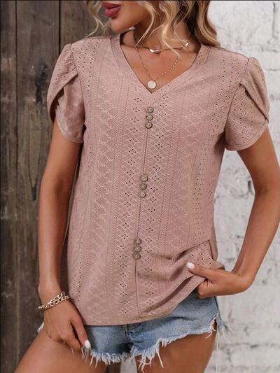 swvws Eyelet V-Neck Petal Sleeve T-Shirt