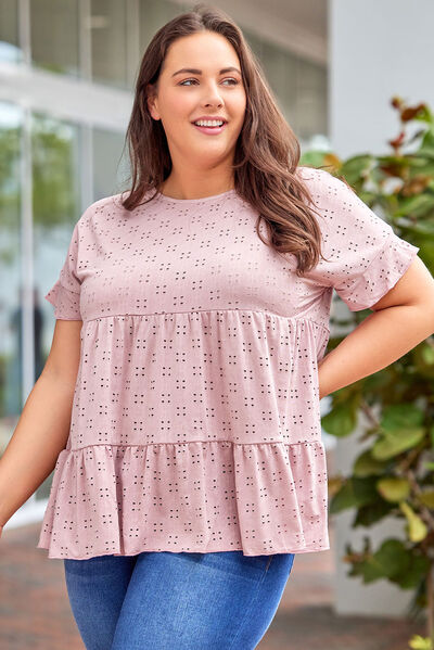 swvws Plus Size Eyelet Round Neck Short Sleeve Blouse