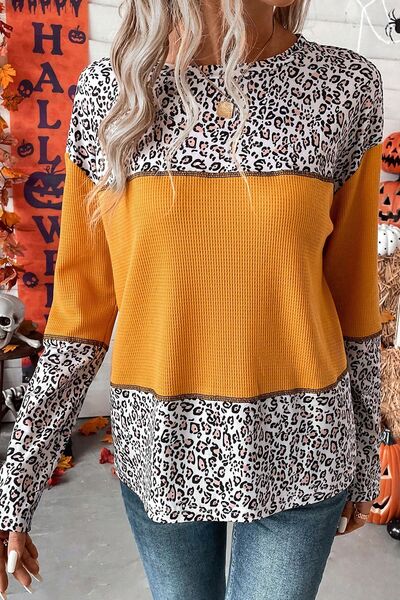 swvws Leopard Waffle-knit Long Sleeve T-Shirt