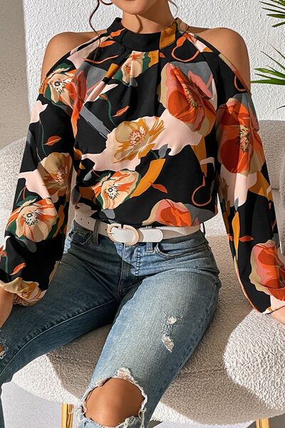 swvws Floral Cold Shoulder Balloon Sleeve Blouse