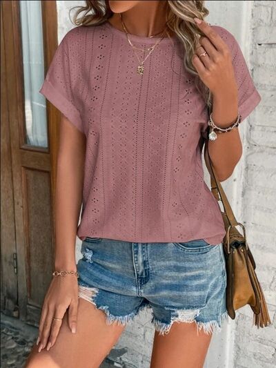 swvws Eyelet Round Neck Short Sleeve T-Shirt