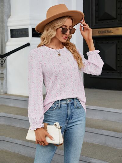 swvws Printed Round Neck Flounce Sleeve Blouse