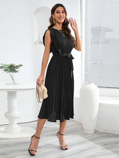 swvws Tied Round Neck Pleated Midi Dress