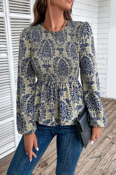 swvws Smocked Printed Balloon Sleeve Blouse