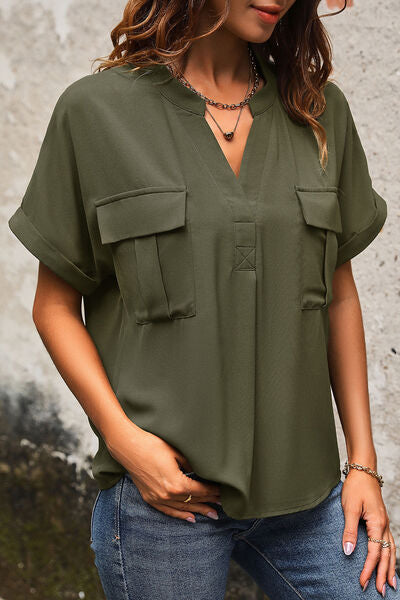 swvws Pocketed Notched Short Sleeve Blouse