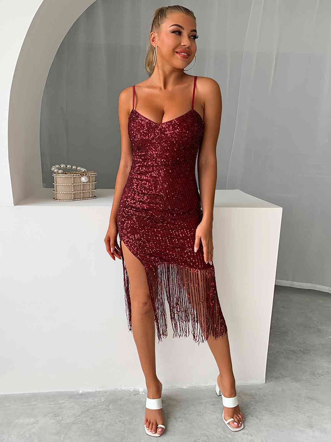 swvws Sequin Fringe Spaghetti Strap Dress