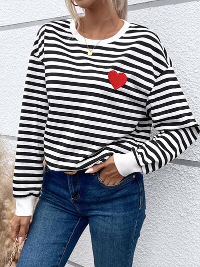 swvws Heart Patch Striped Round Neck Long Sleeve Sweatshirt