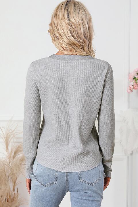 swvws Waffle Knit Buttoned Notched Neck Long Sleeve T-Shirt