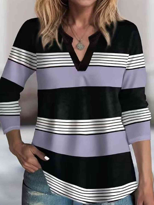 swvws Striped Notched Long Sleeve T-Shirt