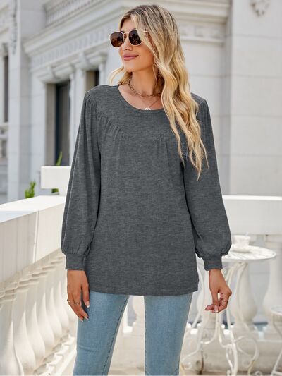 swvws Heathered Round Neck Lantern Sleeve Blouse