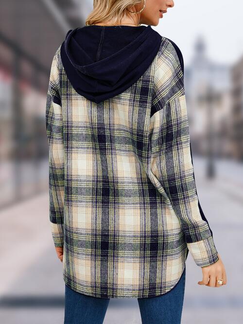 swvws Plaid Drawstring Long Sleeve Slit Hoodie