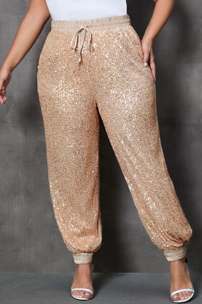 swvws Plus Size Sequin Drawstring Joggers with Pockets