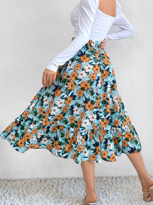 swvws Printed Ruffle Hem Midi Skirt