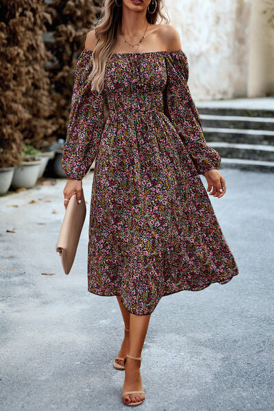 swvws Printed Balloon Sleeve Pocketed Midi Dress