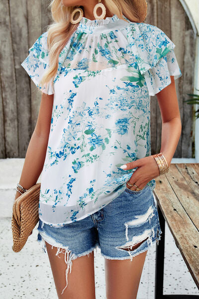 swvws Printed Ruffled Mock Neck Blouse