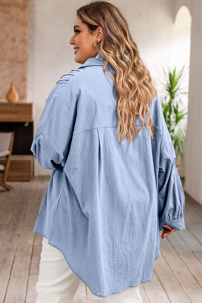 swvws Plus Size High-Low Button Up Dropped Shoulder Shirt