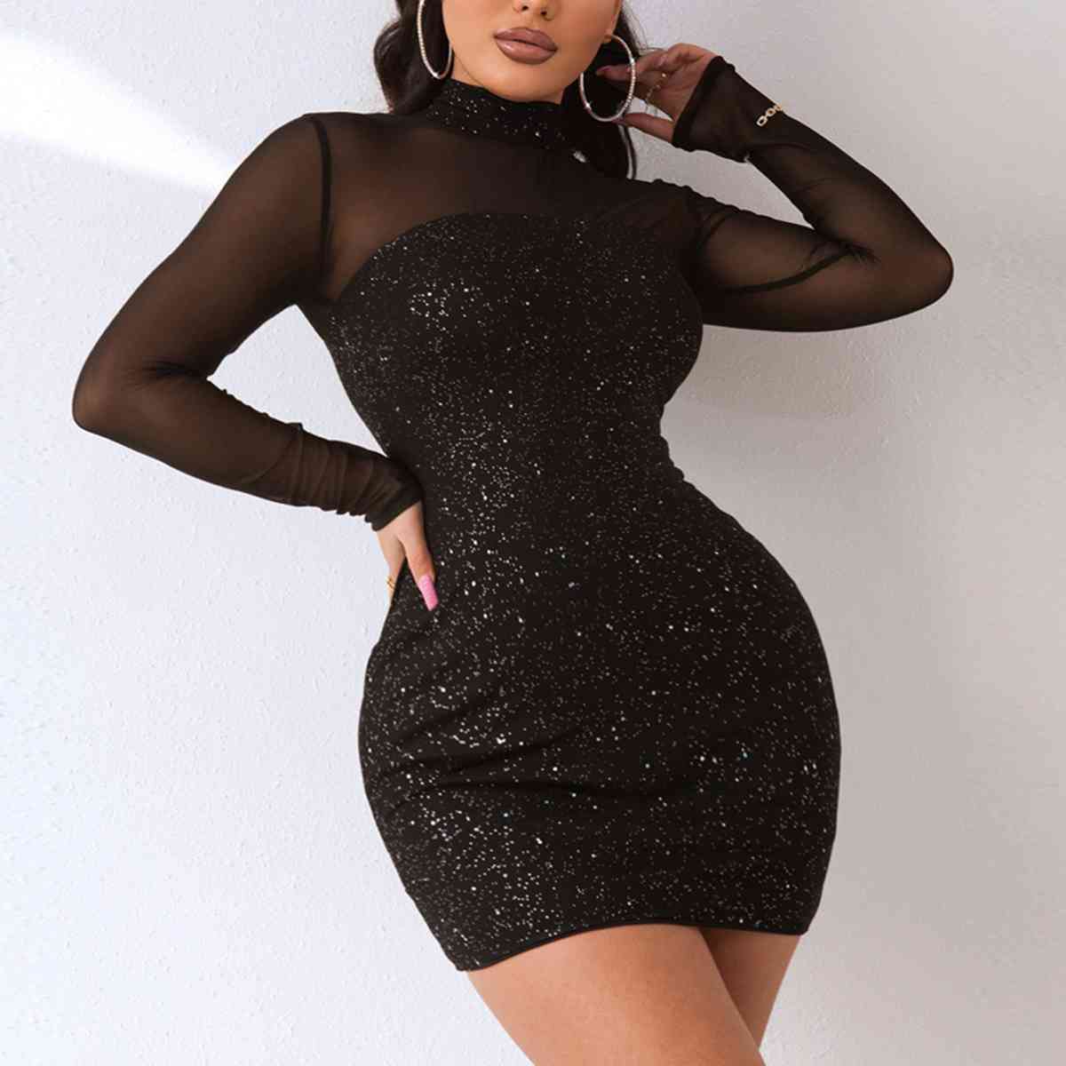 swvws Sequin Mock Neck Mesh Dress