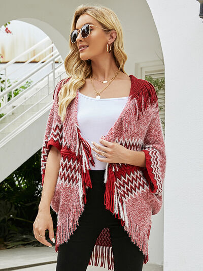 swvws Geometric Fringe Open Front Cardigan