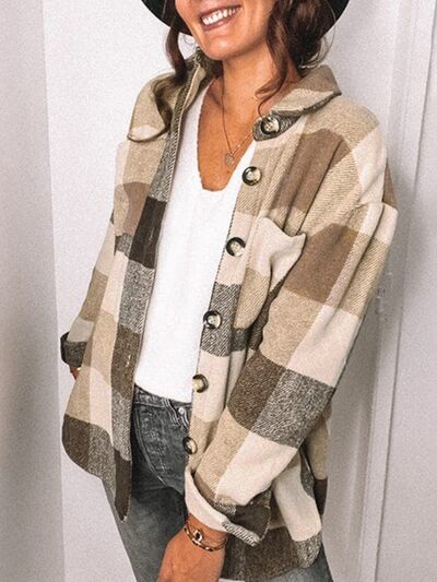 swvws Plaid Pocketed Dropped Shoulder Button Up Jacket