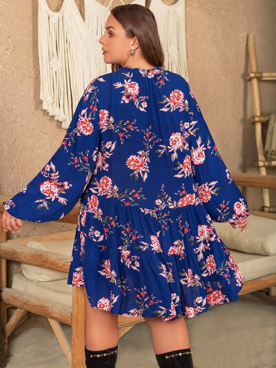 swvws Plus Size Printed Tie Neck Balloon Sleeve Mini Dress