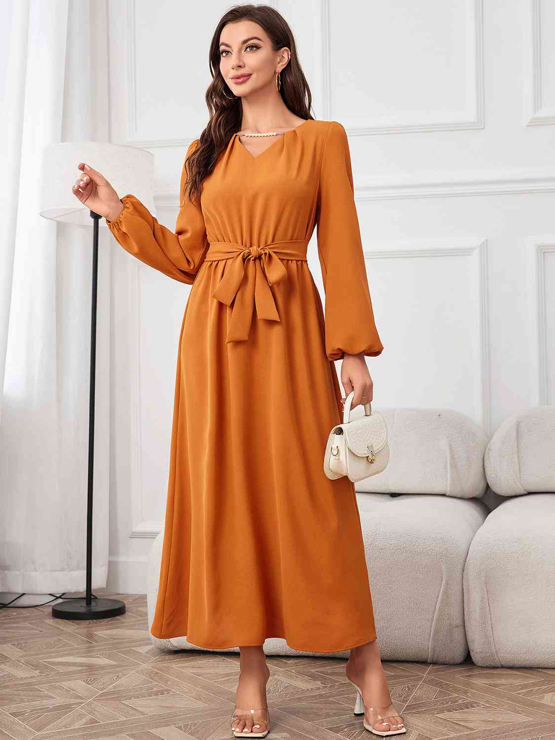 swvws Tie Waist Puff Sleeve Maxi Dress