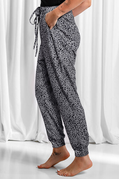 swvws Full Size Leopard Drawstring Pocketed Pants